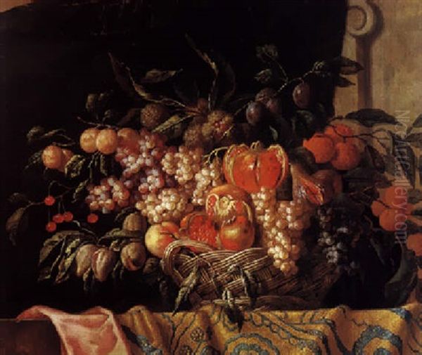 Natue Morte De Fruits Dans Une Corbeille D'osier Posee Sur Un Entablement Recouvert D'un Tapis Oil Painting by Jan Pauwel Gillemans the Younger