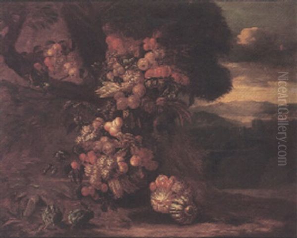 Italianate Landscape With Fruit Hanging From A Tree With Parrot And Rabbits Oil Painting by Jan Pauwel Gillemans the Younger