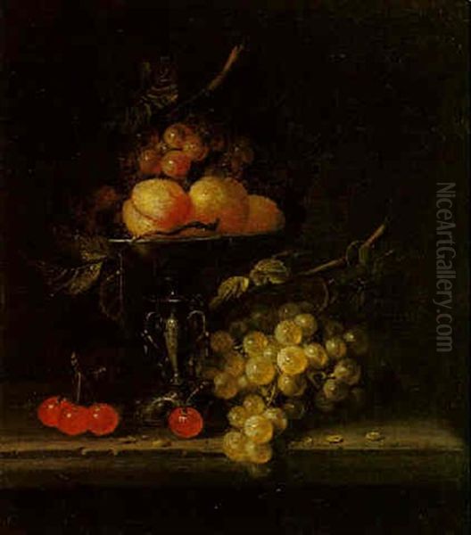 Still Life With Grapes, A Tazza Of Fruit And Cherries On A Ledge Oil Painting by Jan Pauwel Gillemans the Younger