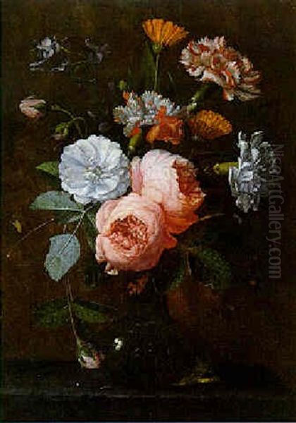 Still Life Of Roses, Carnations And Other Flowers In A Glass Vase Oil Painting by Jan Pauwel Gillemans the Younger