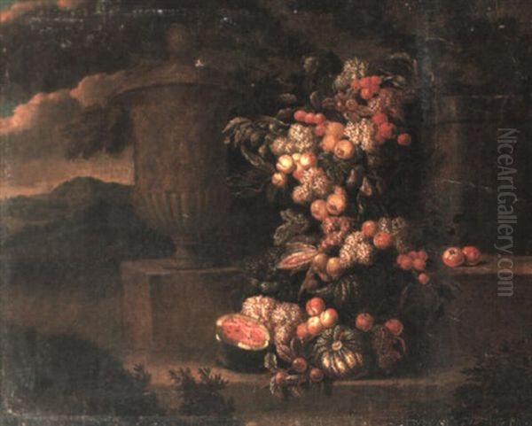 Landscape With A Garland Of Flowers And Fruit Beside An Urn Oil Painting by Jan Pauwel Gillemans the Younger