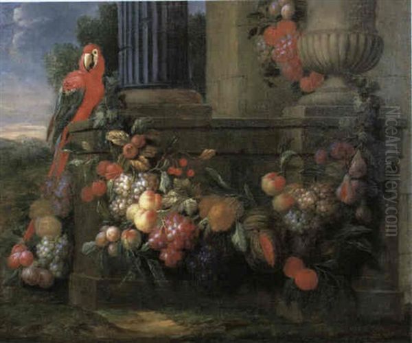 Macaw Perched Upon A Stone Plinth Beside A Swag Of Fruit Oil Painting by Jan Pauwel Gillemans the Younger