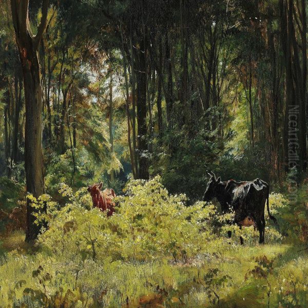 Cattle In A Clearing In The Woods Oil Painting by Otto Bache