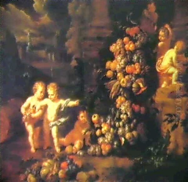 Putti Beside A Swag Of Fruit In A Park Oil Painting by Jan Pauwel Gillemans the Younger