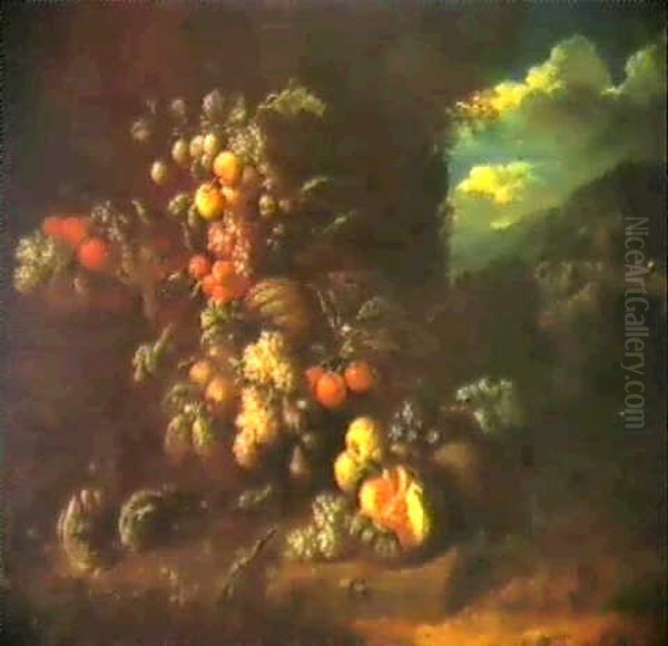 Still-life Of Fruit With Rabbits In An Extensive Landscape Oil Painting by Jan Pauwel Gillemans the Younger