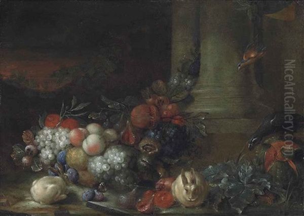 Grapes, Peaches, Figs And Other Fruit, With Two Rabbits, A Parrot And A Bird Among Classical Ruins In A Landscape Oil Painting by Peter Mathys Gillemans