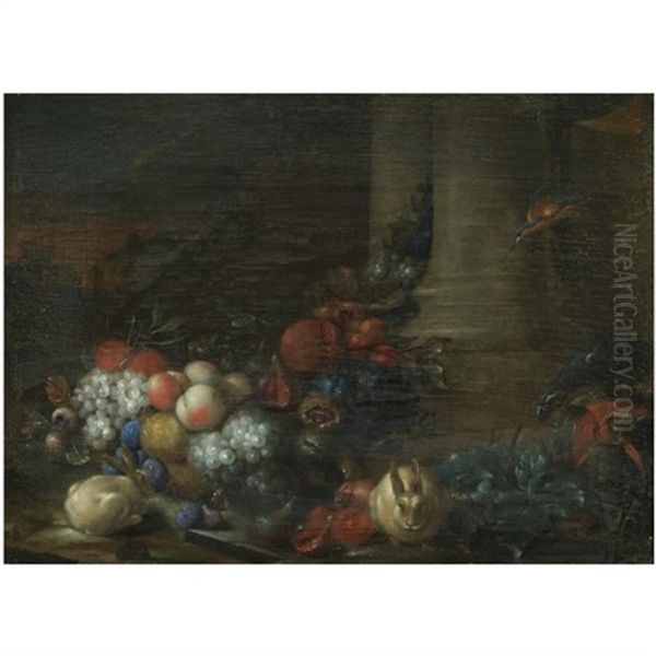 A Still Life With Peaches, Plums, Grapes, Figs, Pomegranates And Oranges, At The Base Of A Column, Together With Rabbits, A Kingfisher, A Parrot And A Butterfly Oil Painting by Peter Mathys Gillemans