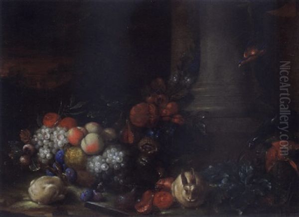 A Still Life With Grapes, Peaches, Plums, Pomegranates, Apricots, Figs, Medlars, And Bitter Oranges, Together With Two Rabbits, A Macaw And A Kingfisher Oil Painting by Peter Mathys Gillemans