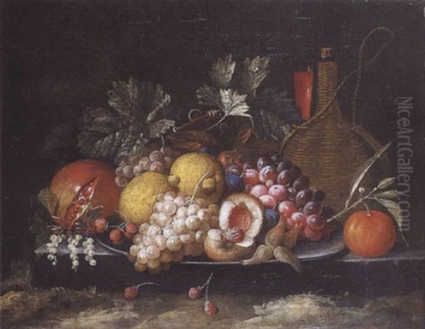 Plat De Fruits, Bouteille Et Verre De Vin Poses Sur Une Marche De Pierre Oil Painting by Peter Mathys Gillemans