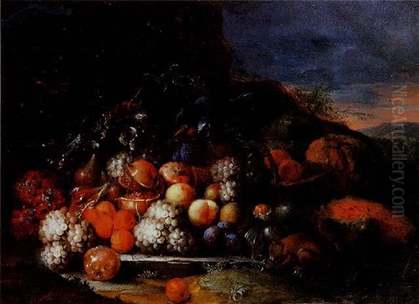 Nature Morte Aux Fruits, Perroquet Et Ecureuil Oil Painting by Peter Mathys Gillemans