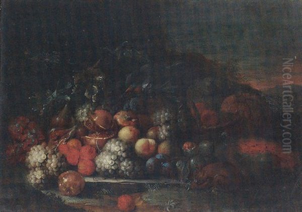 Still Life Of Grapes, Peaches, Plums, Pomegranates, Figs And Melons, Together With A Red Squirrel And A Parrot In A Landscape Oil Painting by Peter Mathys Gillemans