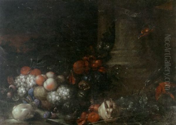 A Still Life With Fruit And Two Hares, A Parrot On A Squash And A Hummingbird By Columns In A Extensive Landscape Oil Painting by Peter Mathys Gillemans