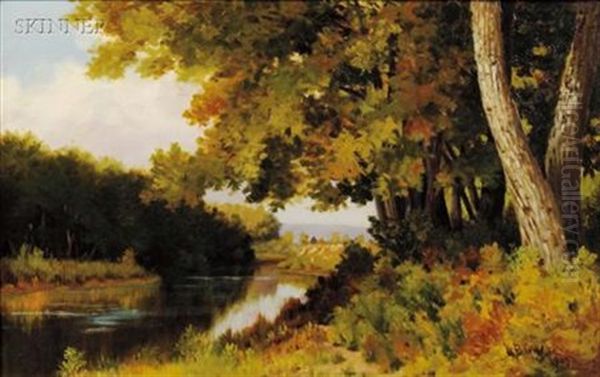 Landscape By A Stream Oil Painting by William B. Gillette