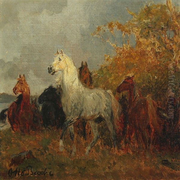 Landscape With Horses Oil Painting by Otto Bache