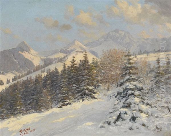 Dent De Jaman Und Rocher De Naye Im Schnee Oil Painting by Vincent Gilliand