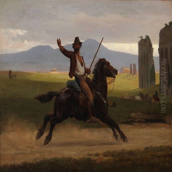 An Italian Man On Horseback At The Roman Compagne Oil Painting by Otto Bache