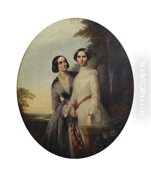 Priestly Mary Collyer And Emily Ann Collyer, Standing Before A Landscape Oil Painting by Margaret Gillies