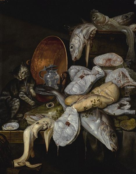 Still Life Of Fish And A Cat, With A Copper Basin Oil Painting by Jakob Gillig