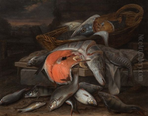 Still Life With A Pike, A Slice Of Salmon And A Basket On A Stone Plinth Oil Painting by Jakob Gillig