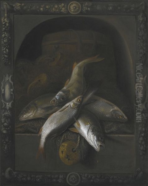 Still Life Of Freshwater Fish Piled High In A Carved Stone Niche Oil Painting by Jakob Gillig