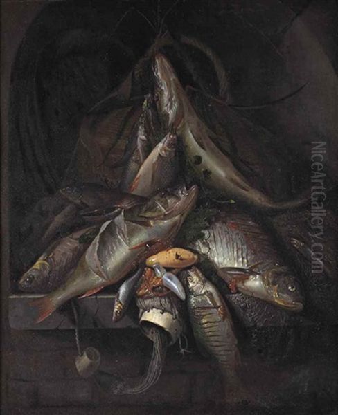 A Still Life Of Freshwater Fish Piled High In A Stone Niche Oil Painting by Jakob Gillig