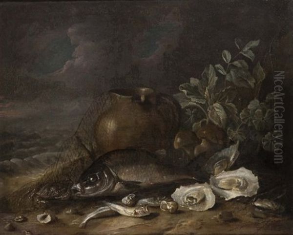 Nature Morte A La Dorade, Aux Huitres Et Aux Sardines Deposees Sur Un Rivage Oil Painting by Jakob Gillig