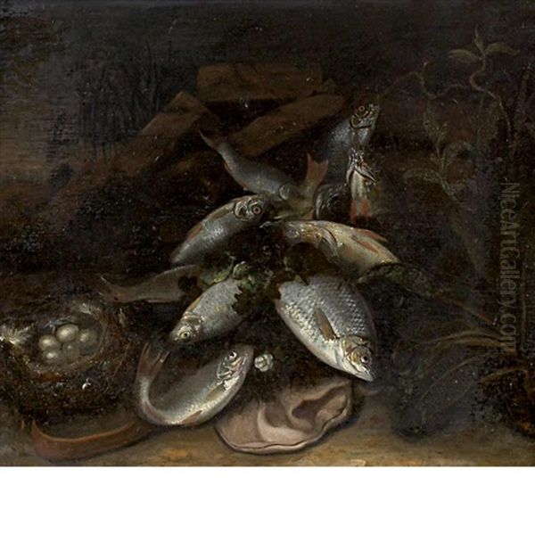 Still Life With Fish And A Bird's Nest With Eggs In A Landscape Oil Painting by Jakob Gillig