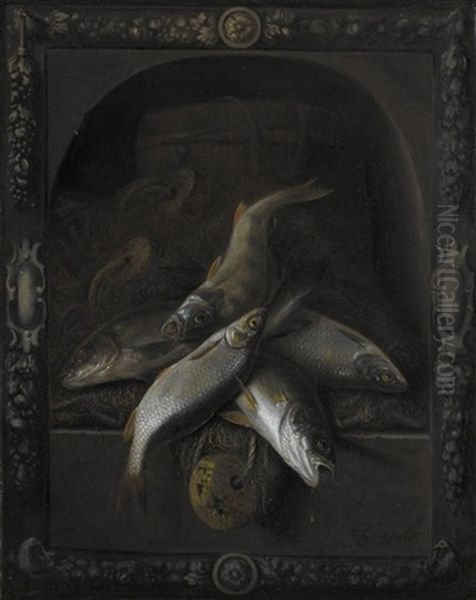 Still Life Of Freshwater Fish Piled High In A Carved Stone Niche Oil Painting by Jakob Gillig