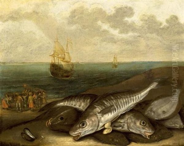 A Still Life With Haddock And Plaice On A Beach, Together With Fishmongers Selling Their Catch And Sailing Vessels At Sea In The Background (in Collab. W/follower Of Adam Willaerts) Oil Painting by Jakob Gillig