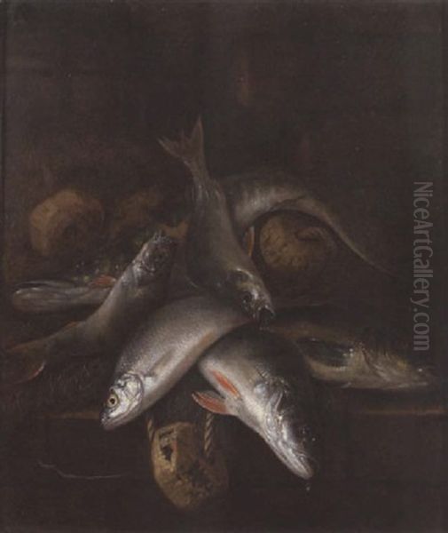 A Pike And Carp With Nets Beside A Barrel On A Brick Wall Oil Painting by Jakob Gillig