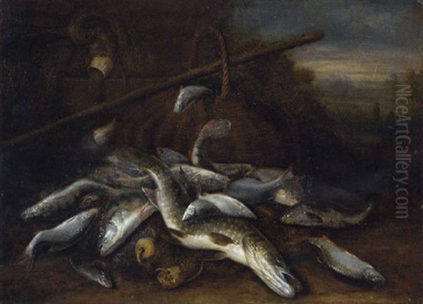 A Pike, A Carp, Roach, And Other Fish In A Landscape With Baskets, Fishing Nets And A Gaff Oil Painting by Jakob Gillig