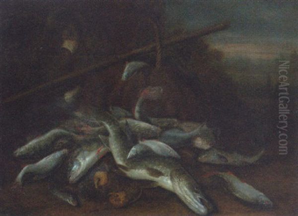 A Pike, Carp, Roach And Other Fish In A Landscape With Baskets, Fishing Nets And A Gaff Oil Painting by Jakob Gillig