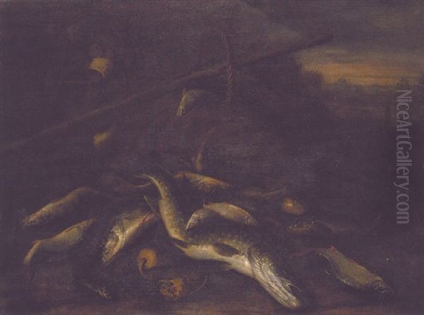 A Pike, Carp, Roach And Other Fish In A Landscape With Baskets, Fishing Nets And A Gaff Oil Painting by Jakob Gillig