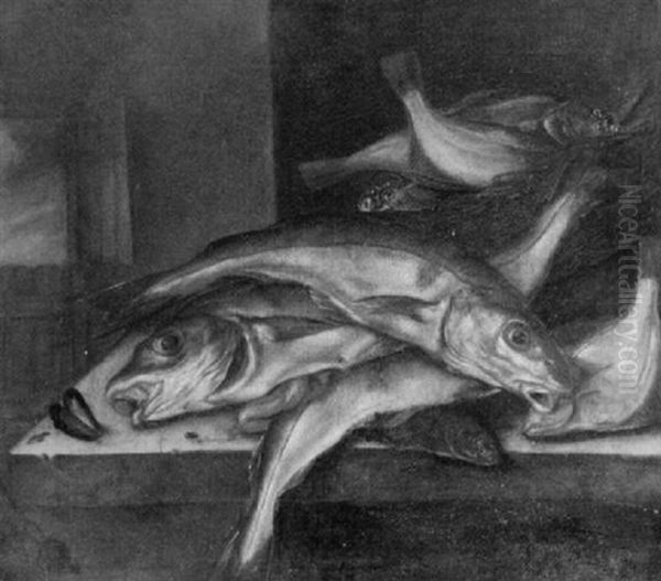 Cod, A Mussel And Other Fish In A Basket On A Ledge By A Window Oil Painting by Jakob Gillig