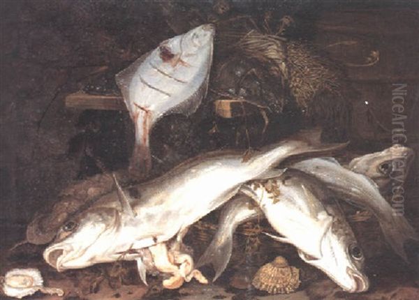 Still Life Of Salt Water Fish, Oysters And Seaweed Lying In Baskets And On Wooden Shelves Oil Painting by Jakob Gillig