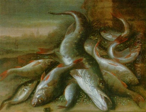 A Still Life Of Freshwater Fish In A Landscape Oil Painting by Jakob Gillig