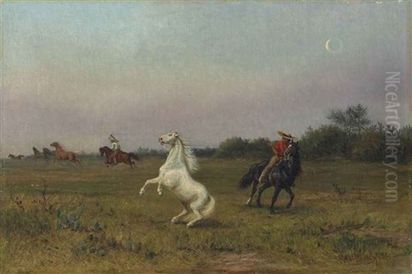 Gauchos Rounding Up Wild Horses In The Mexican Savannah At Dusk Oil Painting by Karl Gillissen