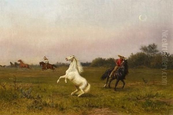 Das Fangen Der Mustangs (wilde Pferde) In Der Mexicanischen Savanne Oil Painting by Karl Gillissen