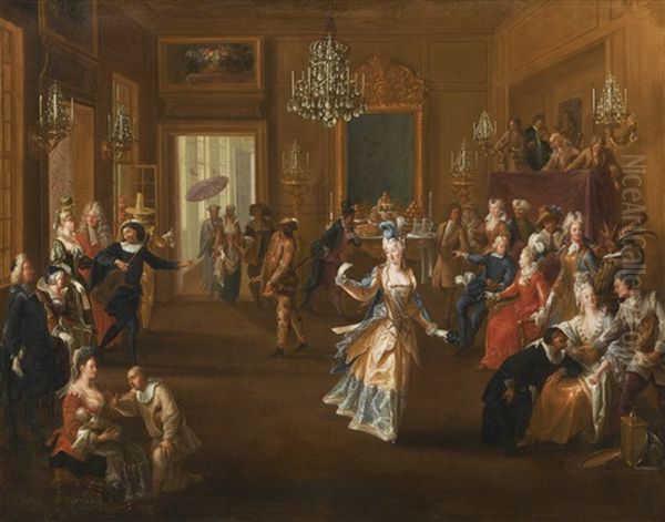 Figures In An Elegant Interior Watching An Entertainment With Commedia Dell'arte Characters Oil Painting by Claude Gillot