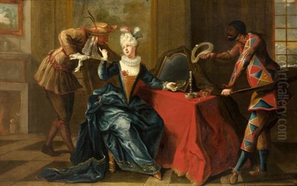 Elegante Descendant D'une Barque Et Couple Et Arlequin Dans Un Interieur (2 Works) Oil Painting by Claude Gillot