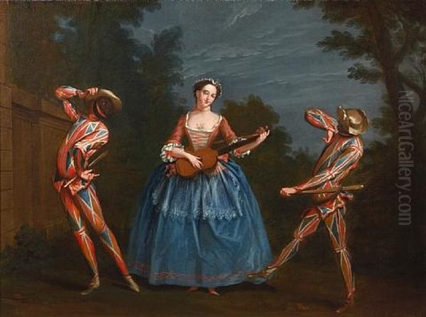 Commedia Dell'arte Figures In A Woodland Clearing (+ Another; Pair) Oil Painting by Claude Gillot