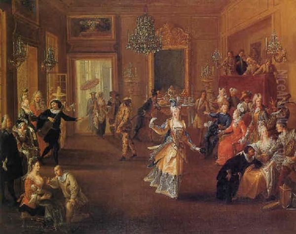 Figures In An Elegant Interior Watching An Entertainment With Commedia Dell'arte Characters Oil Painting by Claude Gillot