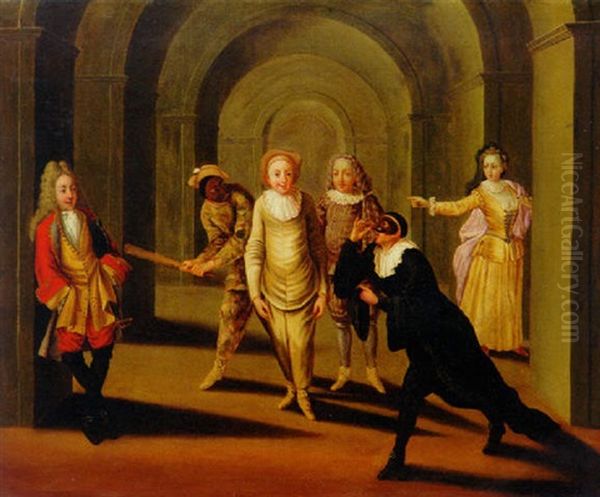 Actors From The Comedia Dell'arte In An Arcade Oil Painting by Claude Gillot