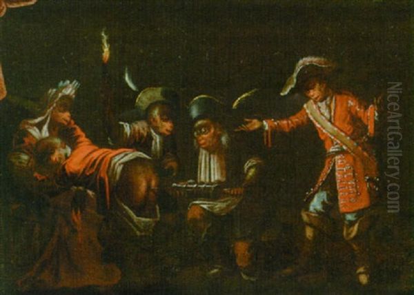 Monkeys Performing An Enema Oil Painting by Claude Gillot