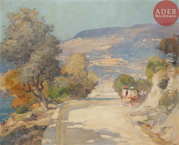 Caleche Sur La Route En Bord De Mer Mediterraneen Oil Painting by Eugene Louis Gillot