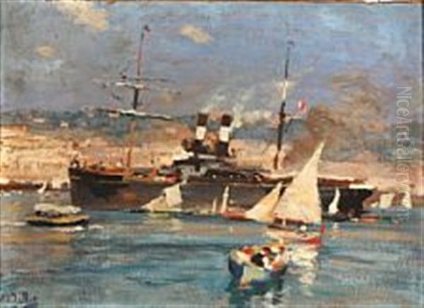 Traffic In A Harbour Oil Painting by Eugene Louis Gillot