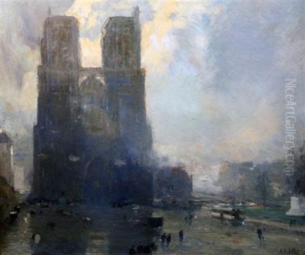 View Of Notre Dame Oil Painting by Eugene Louis Gillot