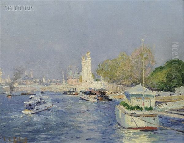 View Of Boats Along The Seine Oil Painting by Eugene Louis Gillot