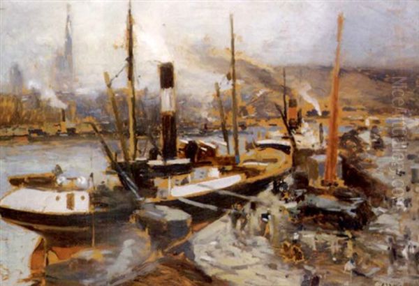 Schiffe Am Quai Oil Painting by Eugene Louis Gillot