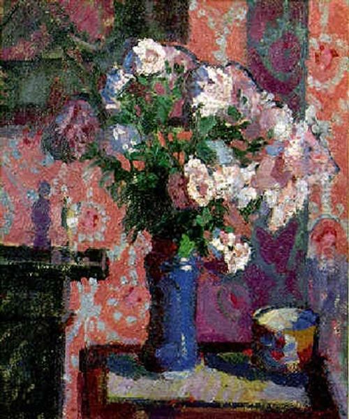 Roses In A Blue Vase Oil Painting by Harold Gilman